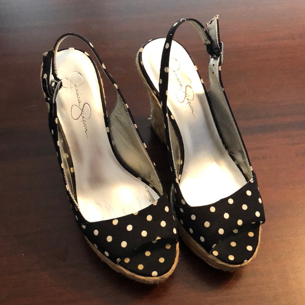 Jessica Simpson Black and Cream Polka Dot Wedge Sandals